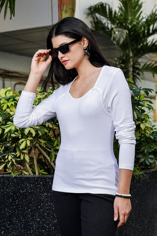 ONE SKY WOMEN WHITE SOLID WOMENS RIBBED TOP
