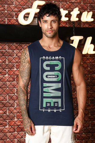MEN NAVY PEONY PRINTED TANK TOP
