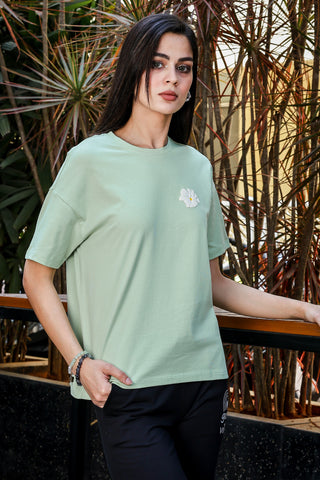 WOMEN GLEAM DROP SHOULDER SLEEVES PRINTED T SHIRT