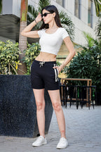 Women's Mid-Rise Striped Bermuda Shorts | Cotton-Poly Spandex Blend | Flat Front Casual Wear with Drawstring & 2 Pockets