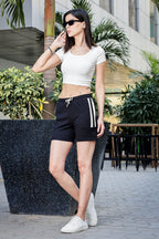 Women's Mid-Rise Striped Bermuda Shorts | Cotton-Poly Spandex Blend | Flat Front Casual Wear with Drawstring & 2 Pockets