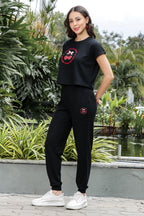 WOMEN ROUND NECK BLACK HALF SLV  CO-ORD SET