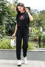 WOMEN ROUND NECK BLACK HALF SLV  CO-ORD SET