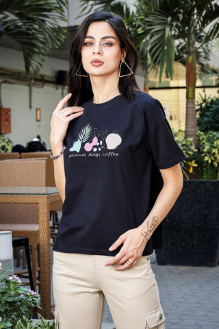 WOMEN BLACK DROP SHOULDER SLEEVES PRINTED T SHIRT