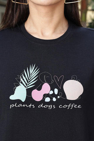 WOMEN BLACK DROP SHOULDER SLEEVES PRINTED T SHIRT