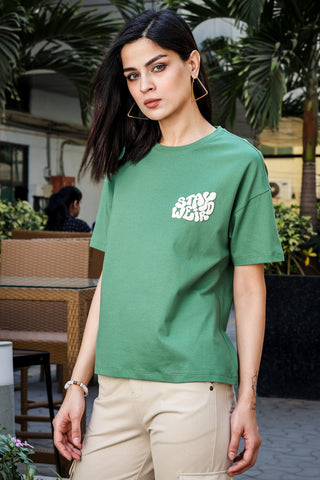 WOMEN ELM GREEN DROP SHOULDER SLEEVES T SHIRT