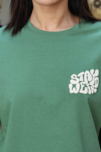 WOMEN ELM GREEN DROP SHOULDER SLEEVES T SHIRT