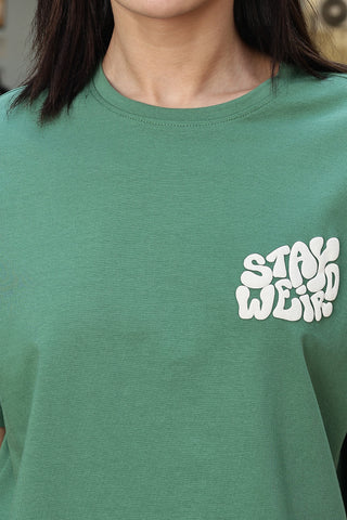 WOMEN ELM GREEN DROP SHOULDER SLEEVES T SHIRT