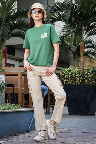 WOMEN ELM GREEN DROP SHOULDER SLEEVES T SHIRT