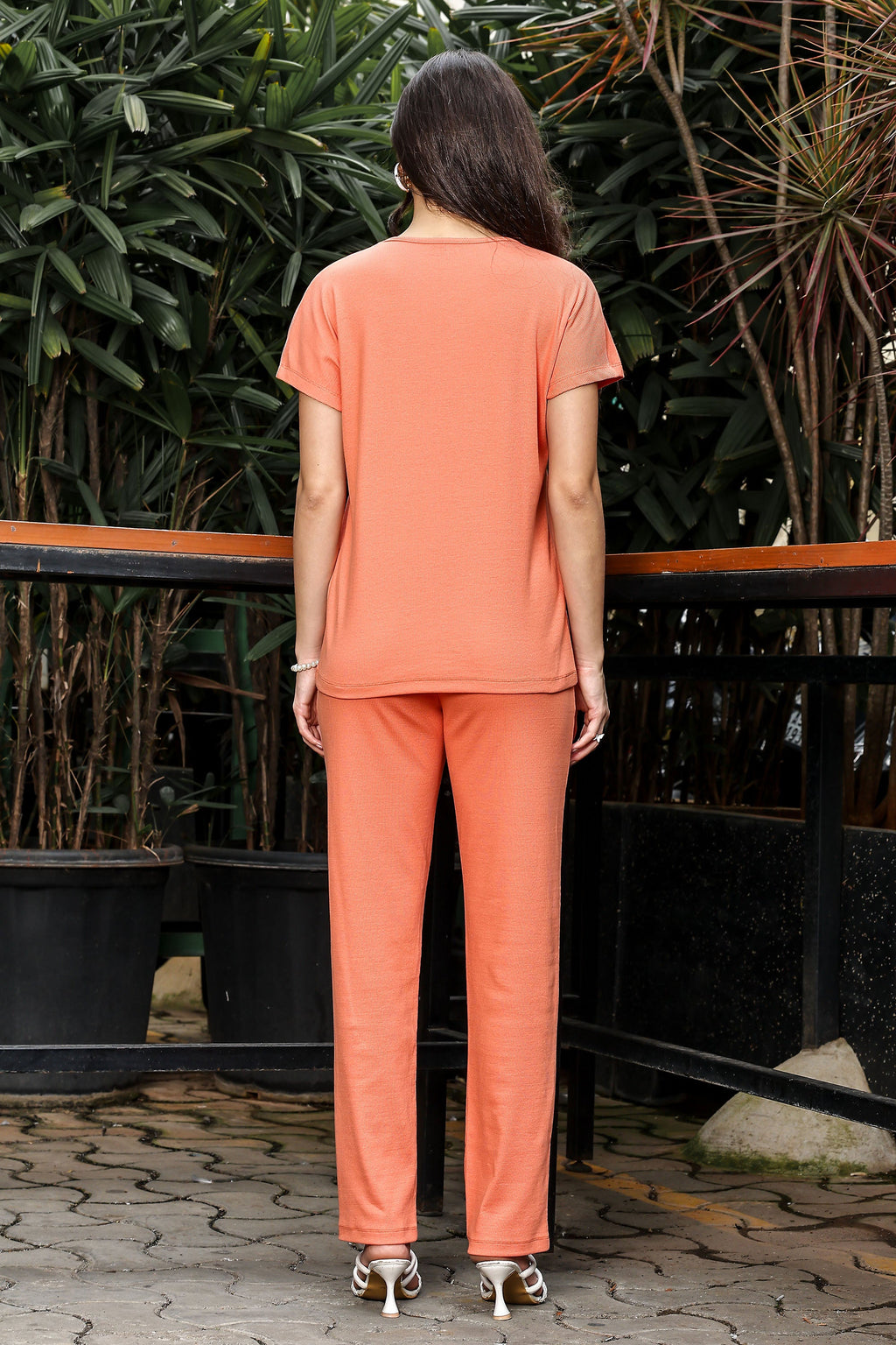 WOMEN ROUND NECK ORANGE HALF SLV  CO-ORD SET