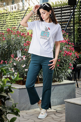 ONE SKY Women’s Solid Slit Pant | Mid-Rise Flat Front | Button & Zip Closure | 7 Pockets | Casual