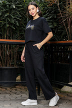 WOMEN ROUND NECK BLACK HALF SLV  CO-ORD SET