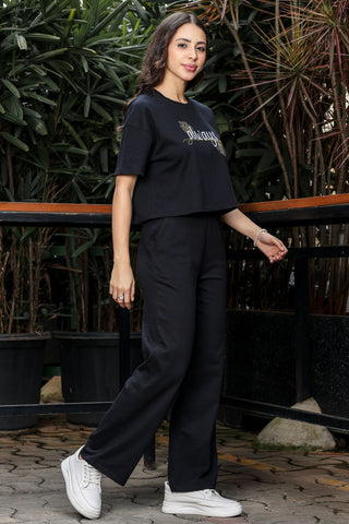 WOMEN ROUND NECK BLACK HALF SLV  CO-ORD SET