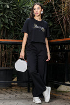WOMEN ROUND NECK BLACK HALF SLV  CO-ORD SET