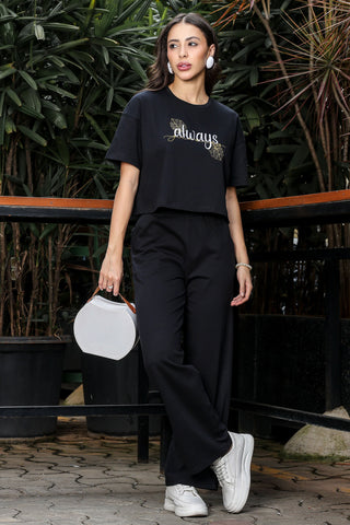 WOMEN ROUND NECK BLACK HALF SLV  CO-ORD SET