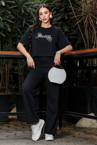 WOMEN ROUND NECK BLACK HALF SLV  CO-ORD SET