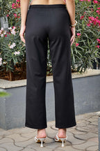 Women’s Straight Fit Trousers – Solid Color, Mid-Rise, Drawstring Waist, Cotton Blend, Casual Flat Front, Machine Washable