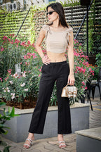 Women’s Straight Fit Trousers – Solid Color, Mid-Rise, Drawstring Waist, Cotton Blend, Casual Flat Front, Machine Washable