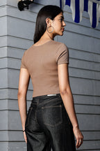 One Sky Women’s Solid Ribbed Cotton Stretch Top – Short Sleeves, Casual Fit
