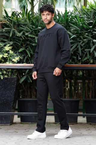 Men’s Embroidered Typography Tracksuit Set | Round Neck Long Sleeve Top & Drawstring Joggers | Cotton Blend | Mid-Rise Flat Front | 5 Pockets | Casual Athleisure Wear