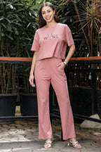 WOMEN ROUND NECK BROWN HALF SLV  CO-ORD SET