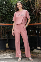 WOMEN ROUND NECK BROWN HALF SLV  CO-ORD SET