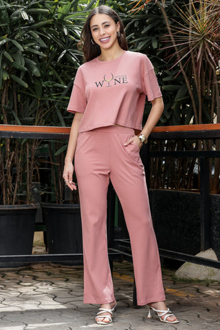 WOMEN ROUND NECK BROWN HALF SLV  CO-ORD SET