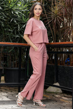 WOMEN ROUND NECK BROWN HALF SLV  CO-ORD SET