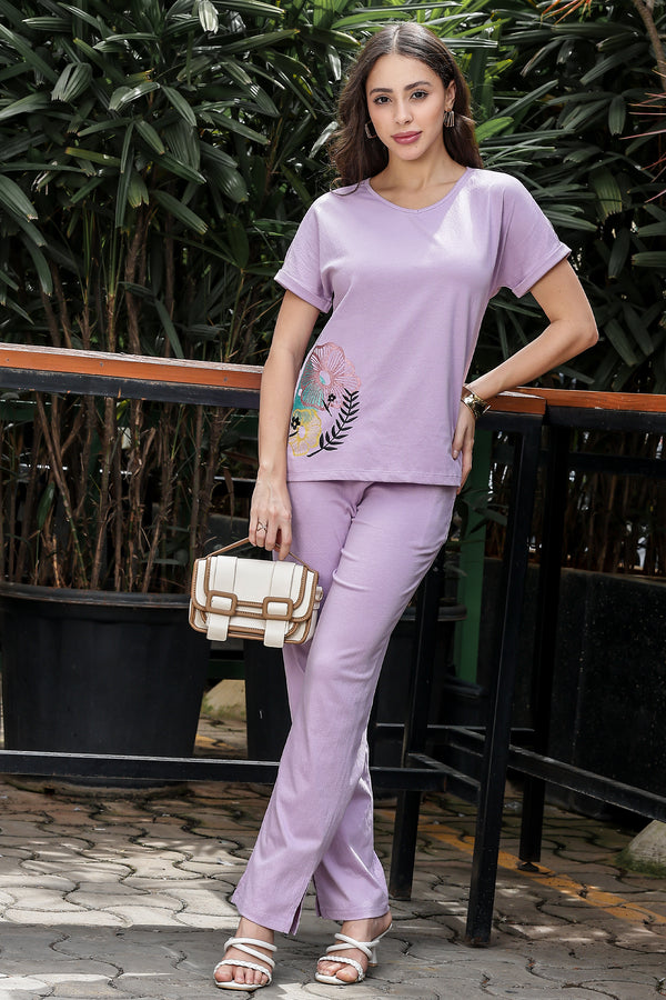 WOMEN V-NECK LAVENDER HALF SLV  CO-ORD SET