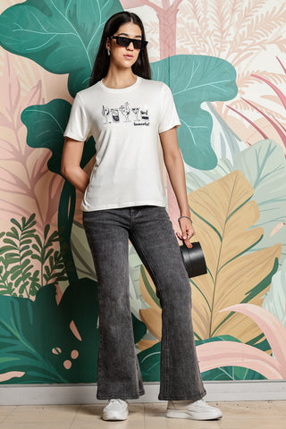 ONE SKY WOMEN ECRU GRAPHIC PRINTED T SHIRT