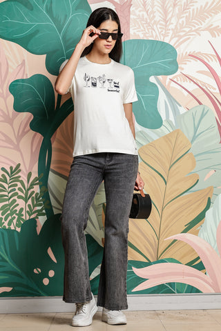 ONE SKY WOMEN ECRU GRAPHIC PRINTED T SHIRT