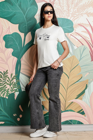 ONE SKY WOMEN ECRU GRAPHIC PRINTED T SHIRT