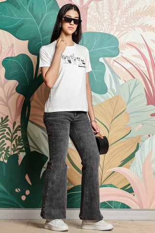 ONE SKY WOMEN ECRU GRAPHIC PRINTED T SHIRT