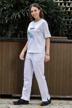 WOMEN ROUND NECK WHITE HALF SLV  CO-ORD SET