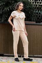 WOMEN ROUND NECK CREAM HALF SLV  CO-ORD SET