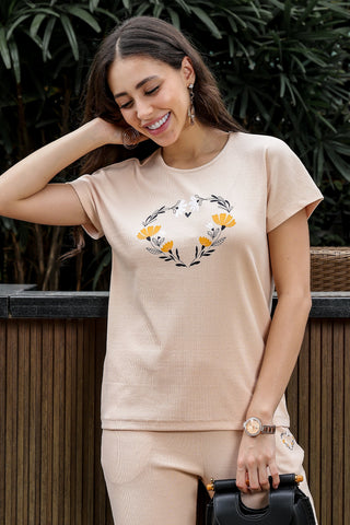 WOMEN ROUND NECK CREAM HALF SLV  CO-ORD SET