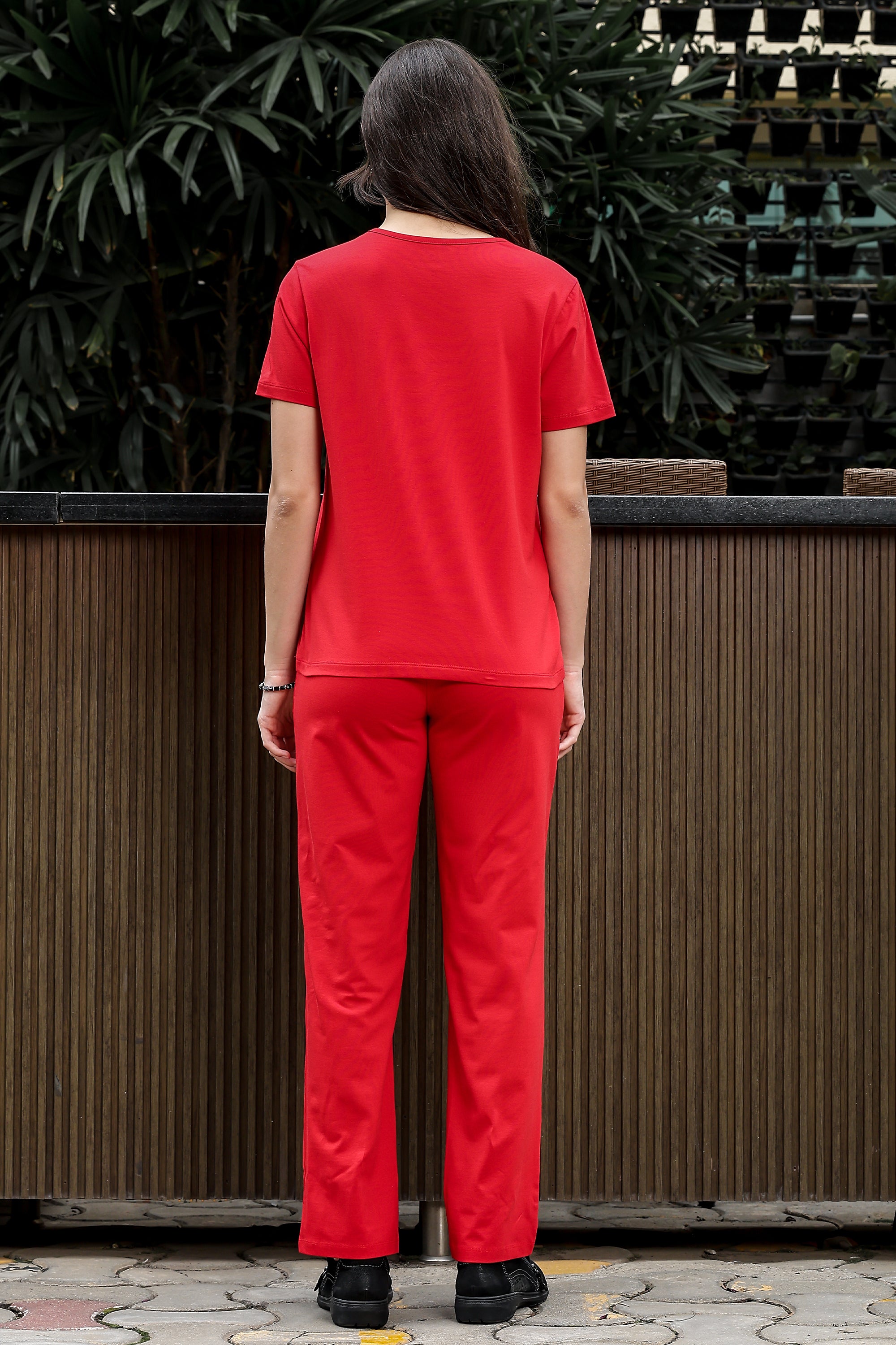 WOMEN ROUND NECK RED HALF SLV  CO-ORD SET