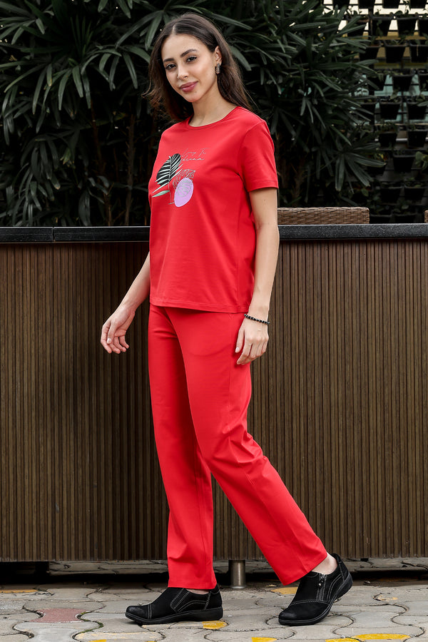 WOMEN ROUND NECK RED HALF SLV  CO-ORD SET
