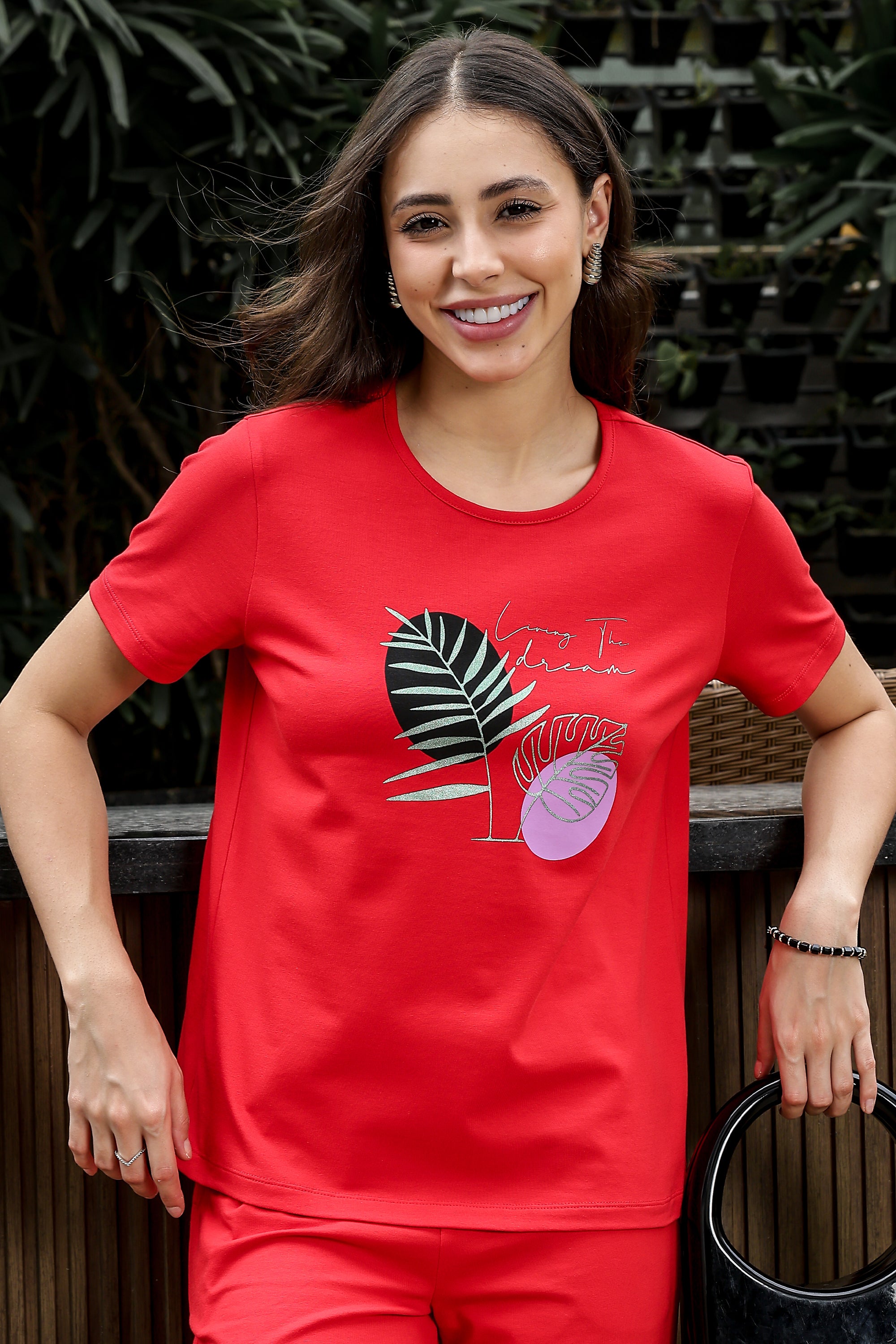 WOMEN ROUND NECK RED HALF SLV  CO-ORD SET