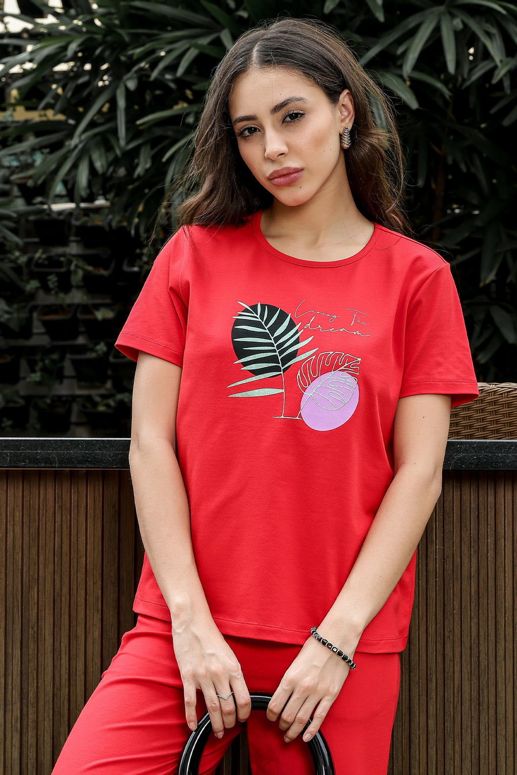 WOMEN ROUND NECK RED HALF SLV  CO-ORD SET