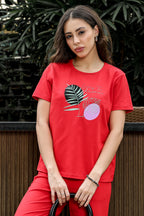 WOMEN ROUND NECK RED HALF SLV  CO-ORD SET