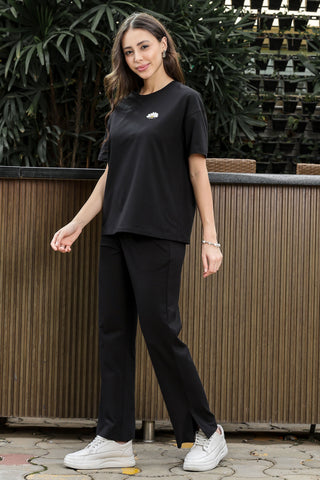 WOMEN ROUND NECK BLACK HALF SLV  CO-ORD SET