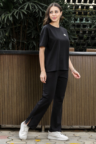 WOMEN ROUND NECK BLACK HALF SLV  CO-ORD SET