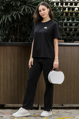 WOMEN ROUND NECK BLACK HALF SLV  CO-ORD SET