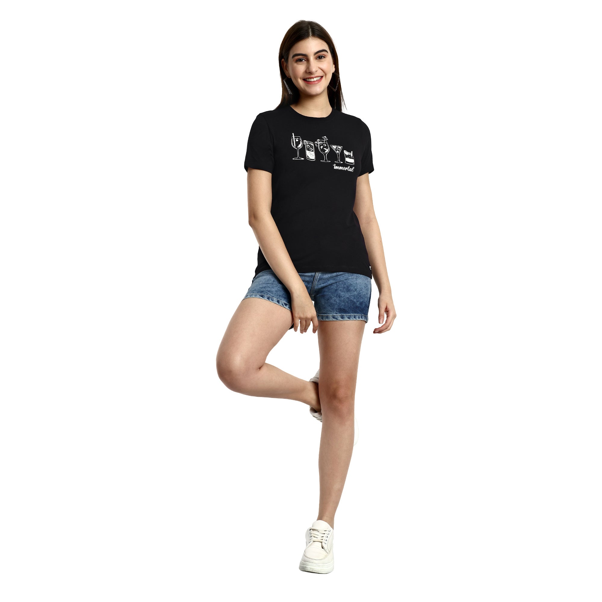 Women Black Printed Round Neck T-Shirt