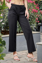 Women’s Straight Fit Trousers – Solid Color, Mid-Rise, Drawstring Waist, Cotton Blend, Casual Flat Front, Machine Washable