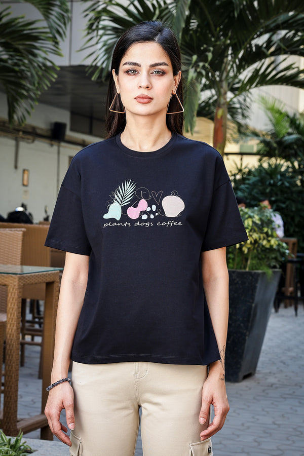 WOMEN BLACK DROP SHOULDER SLEEVES PRINTED T SHIRT