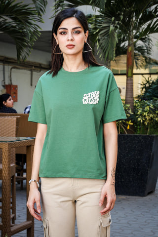 WOMEN ELM GREEN DROP SHOULDER SLEEVES T SHIRT