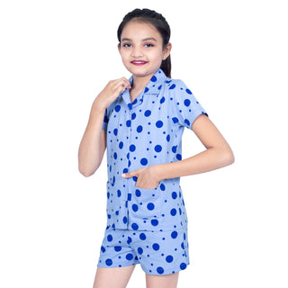 GIRLS POLKA DOTS NIGHT DRESS SHIRT & SHORTS FRESH SKY