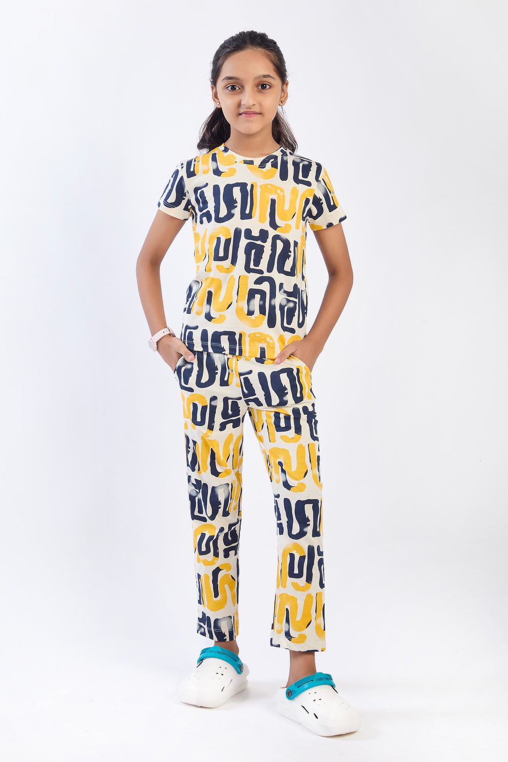 ONE SKY Girls' Cotton Co-ord Set | Abstract Print Tee & Pants | Casual 2-Piece | Ages 3-14 Years